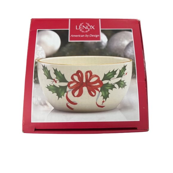 Lenox Holiday Bowl 16 ounce Holly Leave and Ribbons - Picture 4 of 6